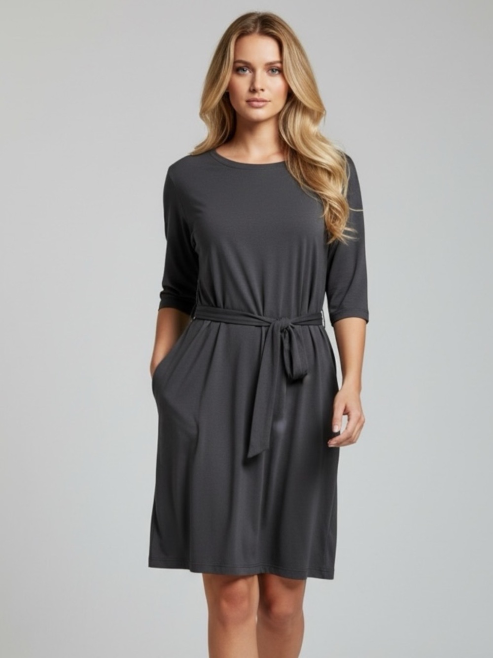 J. Crew L dark grey modal waist tie tunic dress